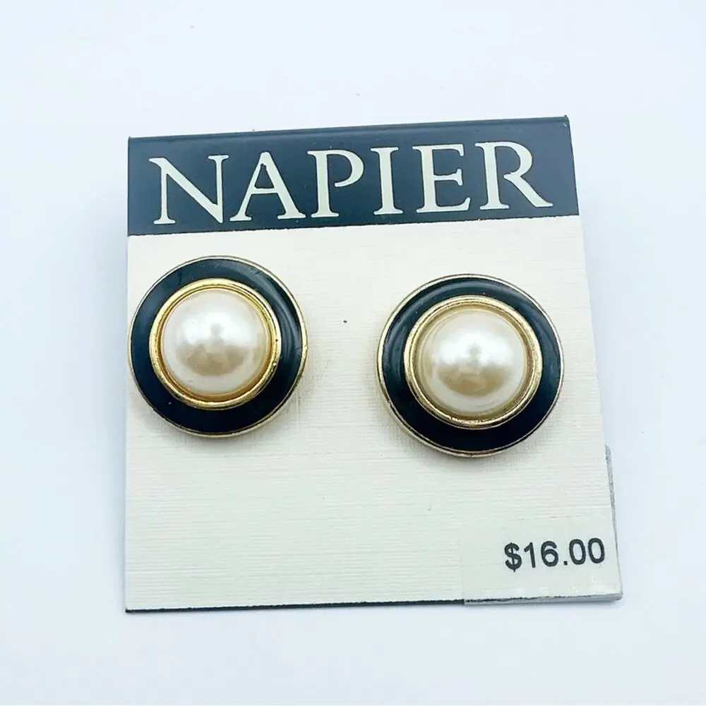 Vintage Napier Faux Pearl Earrings napier black enamel pierced retro